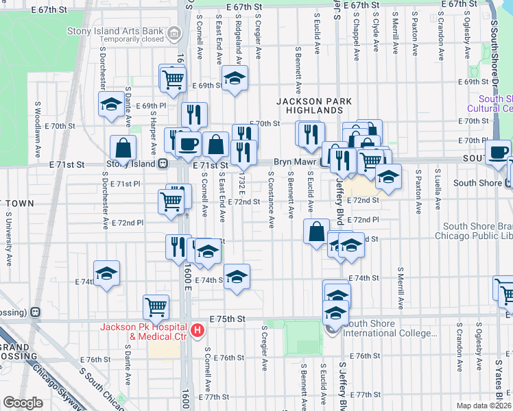 map of restaurants, bars, coffee shops, grocery stores, and more near 1734 East 72nd Street in Chicago