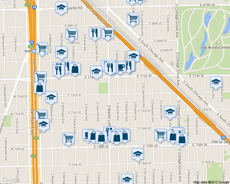 map of restaurants, bars, coffee shops, grocery stores, and more near 7141 South King Drive in Chicago