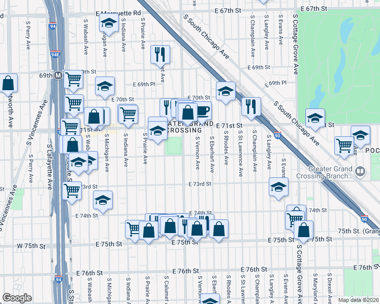 map of restaurants, bars, coffee shops, grocery stores, and more near 7141 South King Drive in Chicago