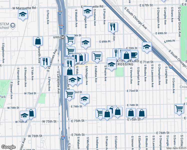 map of restaurants, bars, coffee shops, grocery stores, and more near 7135 South Michigan Avenue in Chicago