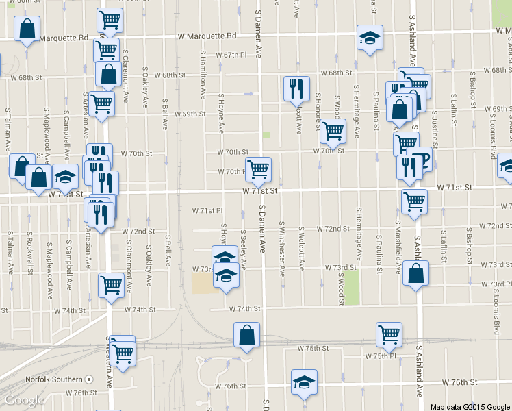 map of restaurants, bars, coffee shops, grocery stores, and more near 1959 West 71st Street in Chicago