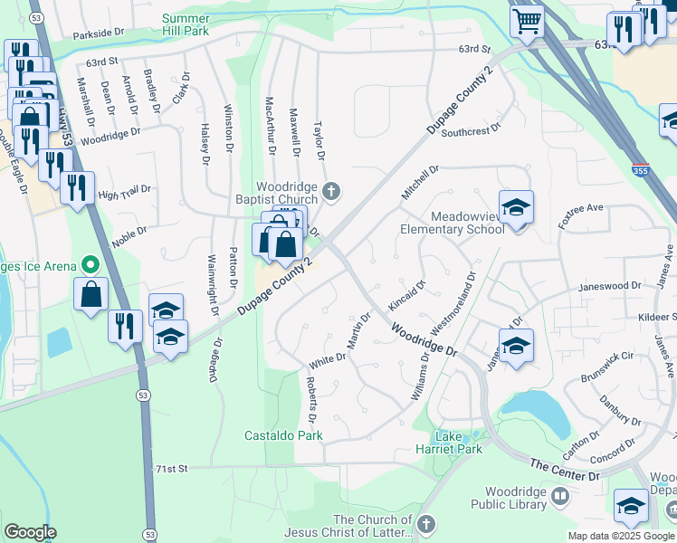 map of restaurants, bars, coffee shops, grocery stores, and more near in Woodridge