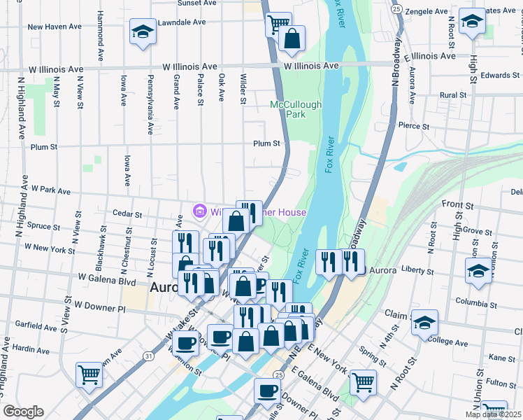 map of restaurants, bars, coffee shops, grocery stores, and more near 412 North Lake Street in Aurora