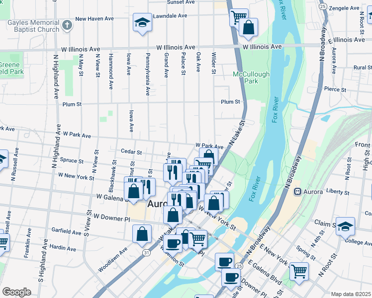 map of restaurants, bars, coffee shops, grocery stores, and more near 315 West Park Avenue in Aurora