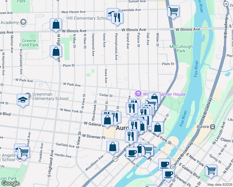 map of restaurants, bars, coffee shops, grocery stores, and more near 374 West Park Avenue in Aurora