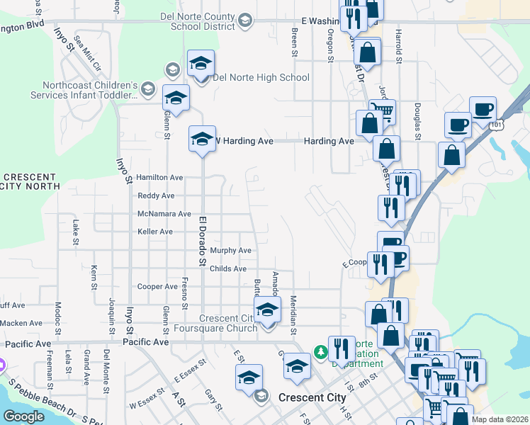 map of restaurants, bars, coffee shops, grocery stores, and more near 261 Brevus St in Crescent City