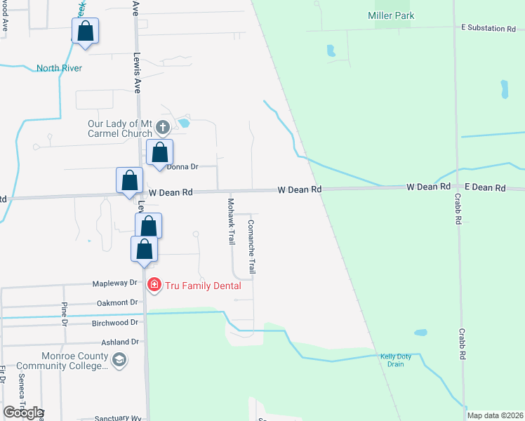 map of restaurants, bars, coffee shops, grocery stores, and more near 597 West Dean Road in Temperance