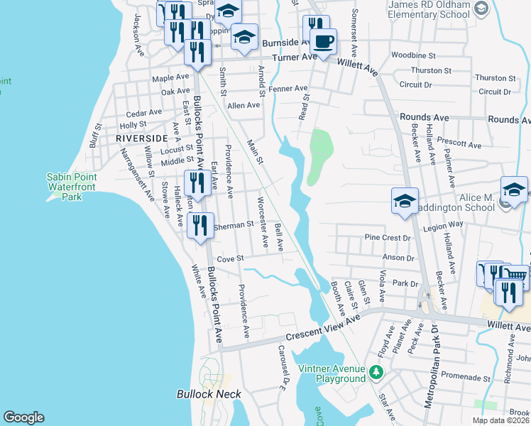map of restaurants, bars, coffee shops, grocery stores, and more near 116 Worcester Avenue in East Providence