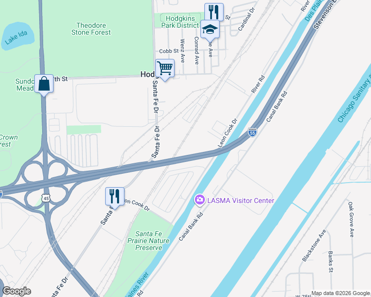 map of restaurants, bars, coffee shops, grocery stores, and more near 6882 River Road in Hodgkins