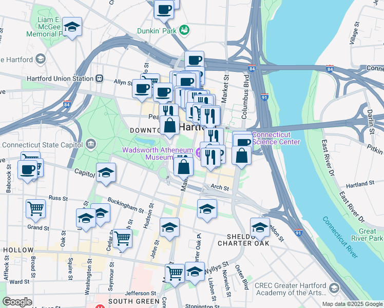 map of restaurants, bars, coffee shops, grocery stores, and more near 1 Atheneum Square in Hartford