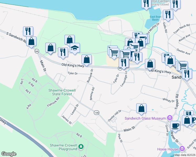 map of restaurants, bars, coffee shops, grocery stores, and more near 27 Tyler Drive in Sandwich