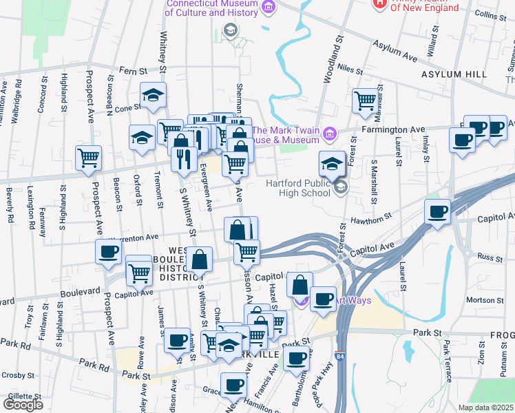 map of restaurants, bars, coffee shops, grocery stores, and more near 170 Sisson Avenue in Hartford