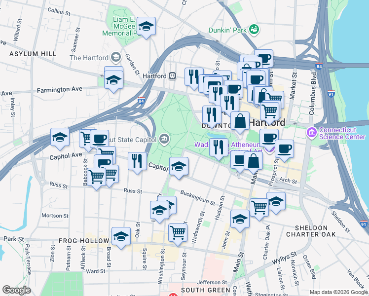 map of restaurants, bars, coffee shops, grocery stores, and more near Trinity Street in Hartford