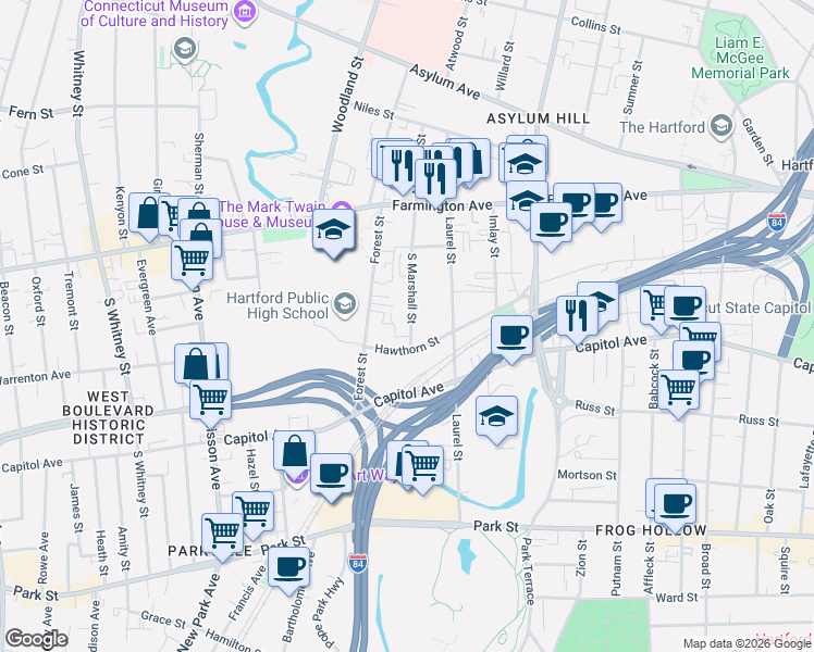 map of restaurants, bars, coffee shops, grocery stores, and more near 141 South Marshall Street in Hartford