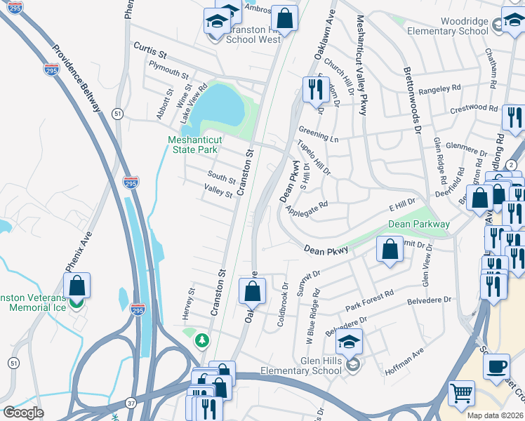 map of restaurants, bars, coffee shops, grocery stores, and more near 383 Oaklawn Avenue in Cranston