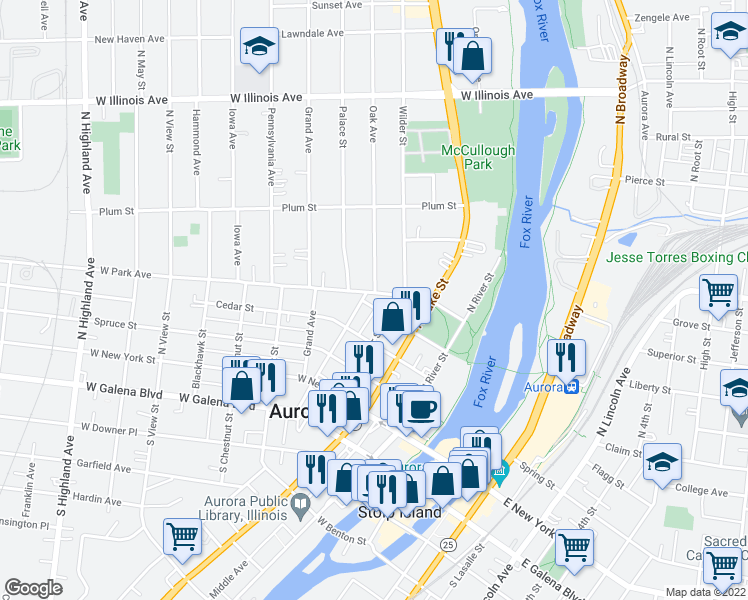 map of restaurants, bars, coffee shops, grocery stores, and more near 333 Oak Avenue in Aurora