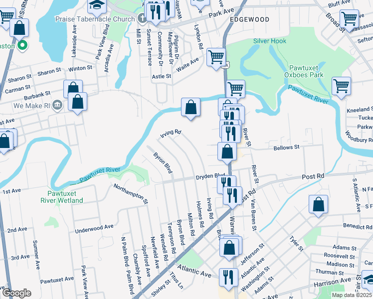 map of restaurants, bars, coffee shops, grocery stores, and more near 80 Holmes Road in Warwick