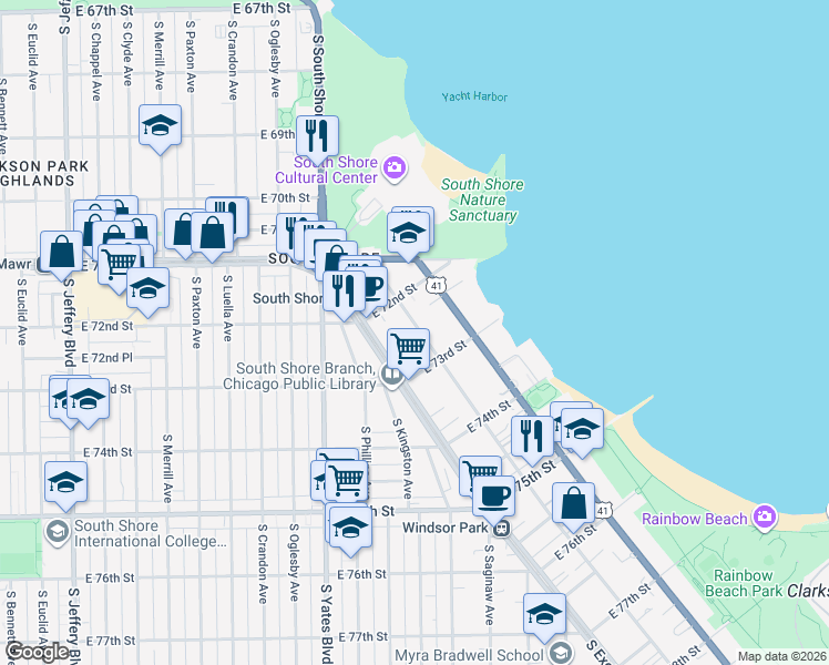 map of restaurants, bars, coffee shops, grocery stores, and more near 7234 South Coles Avenue in Chicago