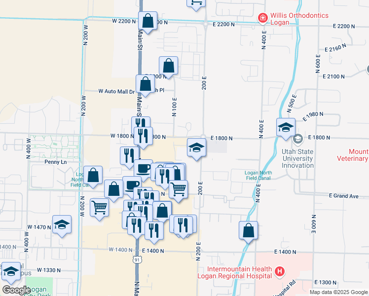 map of restaurants, bars, coffee shops, grocery stores, and more near 176 E 1800 N in North Logan