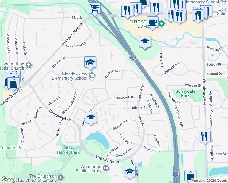 map of restaurants, bars, coffee shops, grocery stores, and more near 6 Pheasant Court in Woodridge