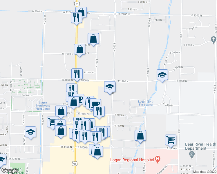 map of restaurants, bars, coffee shops, grocery stores, and more near 176 East 1800 North in North Logan