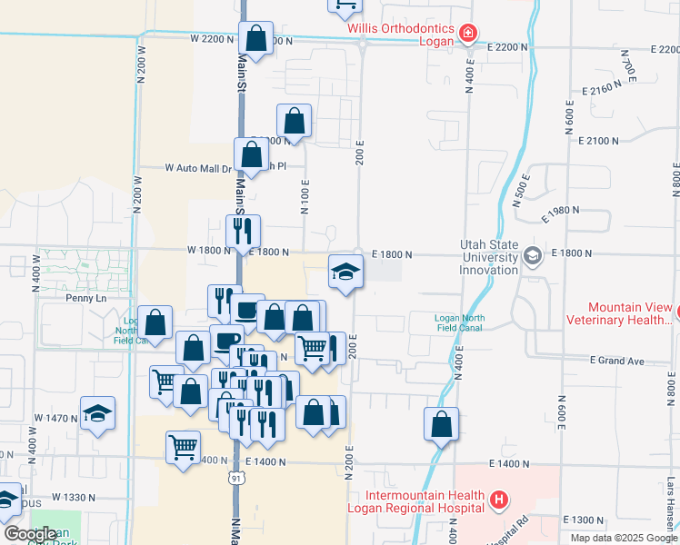 map of restaurants, bars, coffee shops, grocery stores, and more near 176 East 1800 North in North Logan