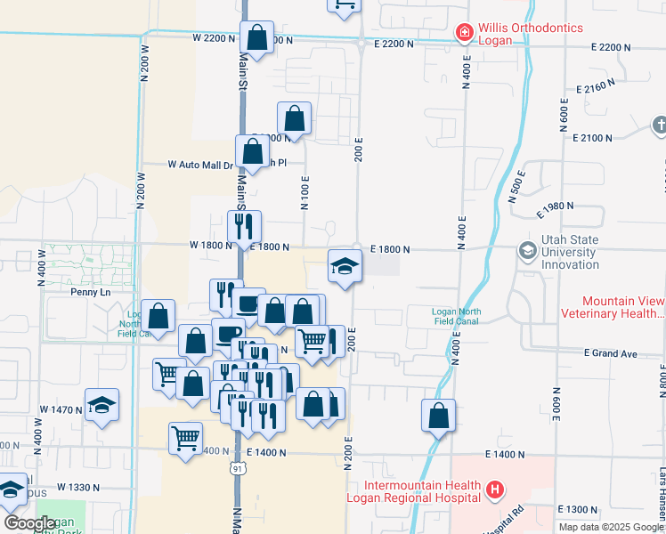 map of restaurants, bars, coffee shops, grocery stores, and more near 176 East 1800 North in North Logan