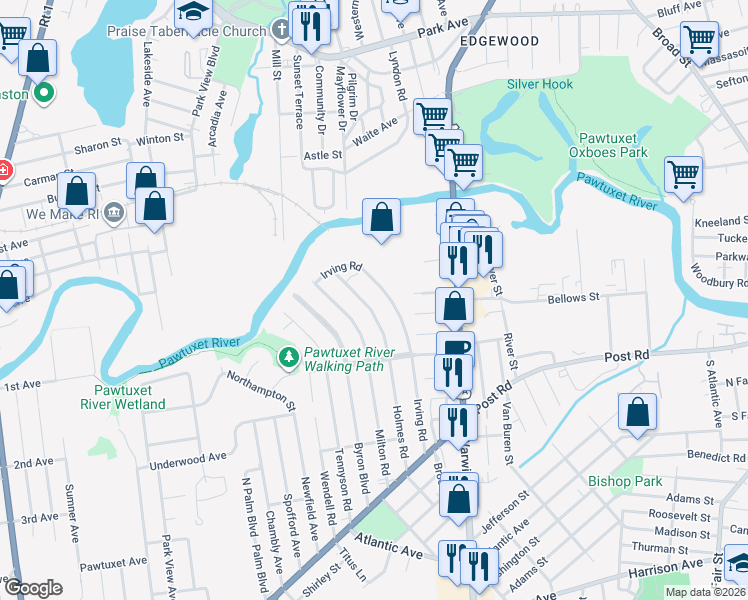 map of restaurants, bars, coffee shops, grocery stores, and more near 80 Holmes Road in Warwick