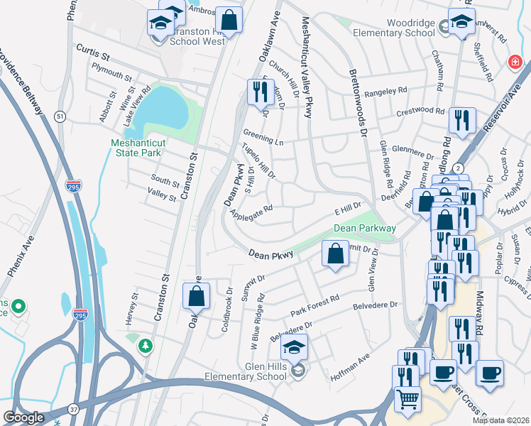 map of restaurants, bars, coffee shops, grocery stores, and more near 77 Applegate Road in Cranston