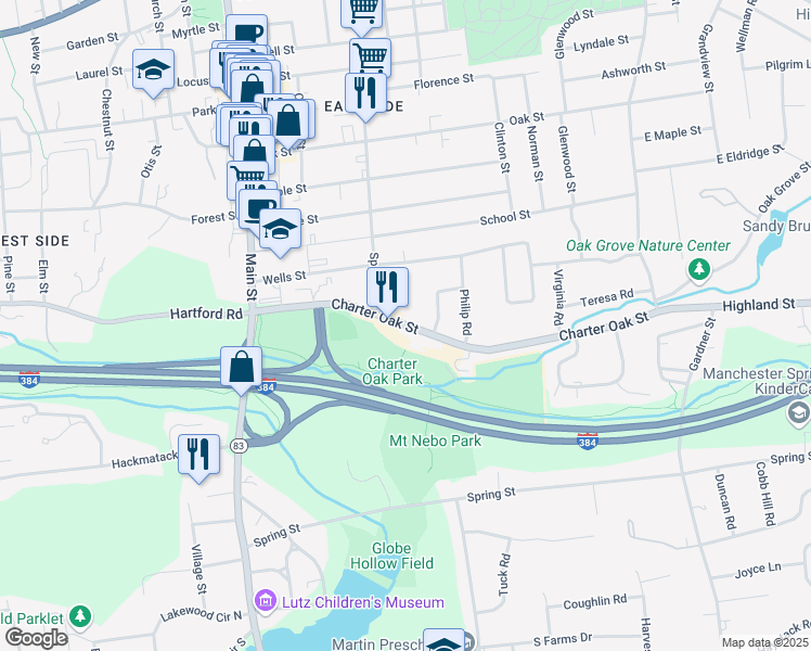 map of restaurants, bars, coffee shops, grocery stores, and more near 125 Charter Oak Street in Manchester
