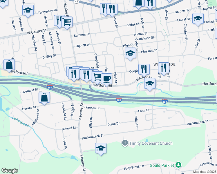 map of restaurants, bars, coffee shops, grocery stores, and more near 4 West Street in Manchester