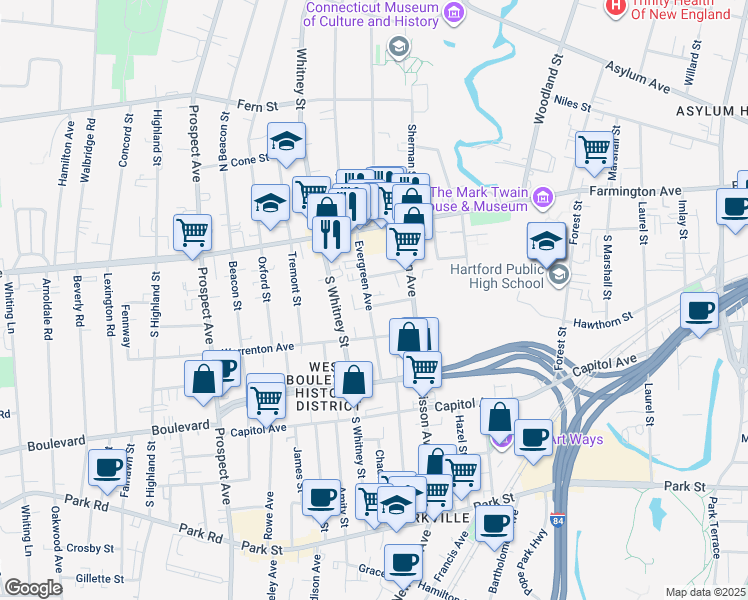 map of restaurants, bars, coffee shops, grocery stores, and more near 22 Gray Street in Hartford