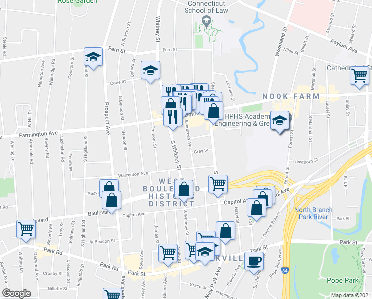 map of restaurants, bars, coffee shops, grocery stores, and more near 45 Evergreen Avenue in Hartford