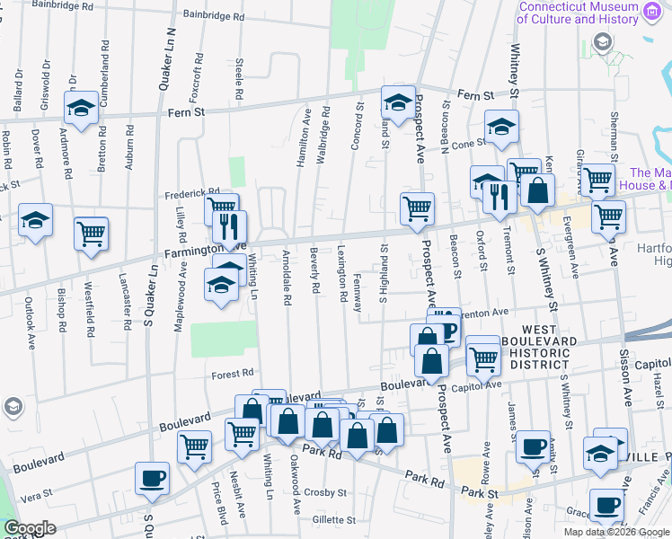map of restaurants, bars, coffee shops, grocery stores, and more near 14 Lexington Road in West Hartford