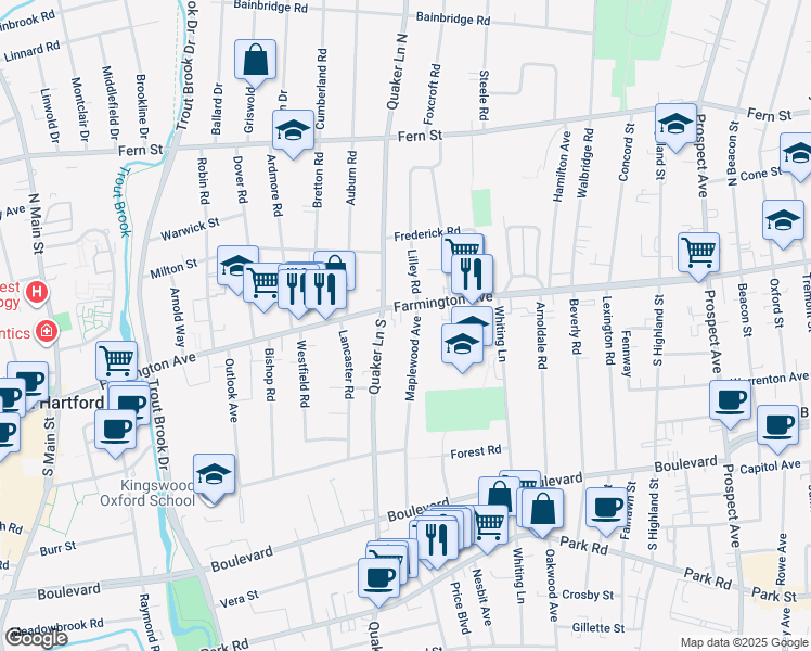 map of restaurants, bars, coffee shops, grocery stores, and more near 787 Farmington Avenue in West Hartford