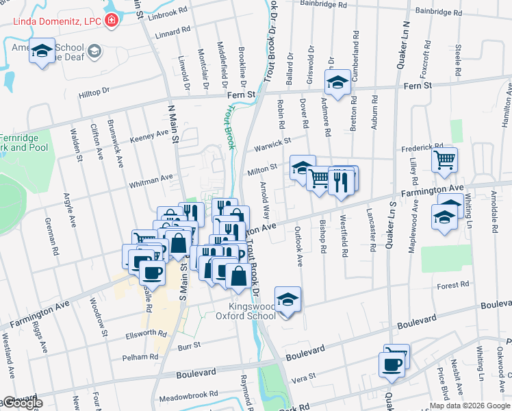 map of restaurants, bars, coffee shops, grocery stores, and more near 1016 Trout Brook Drive in West Hartford