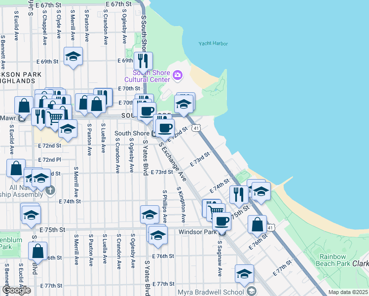 map of restaurants, bars, coffee shops, grocery stores, and more near 7233 South Coles Avenue in Chicago