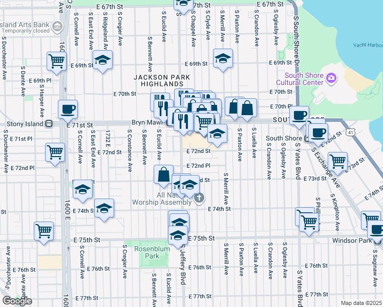 map of restaurants, bars, coffee shops, grocery stores, and more near 7200 South Jeffery Boulevard in Chicago
