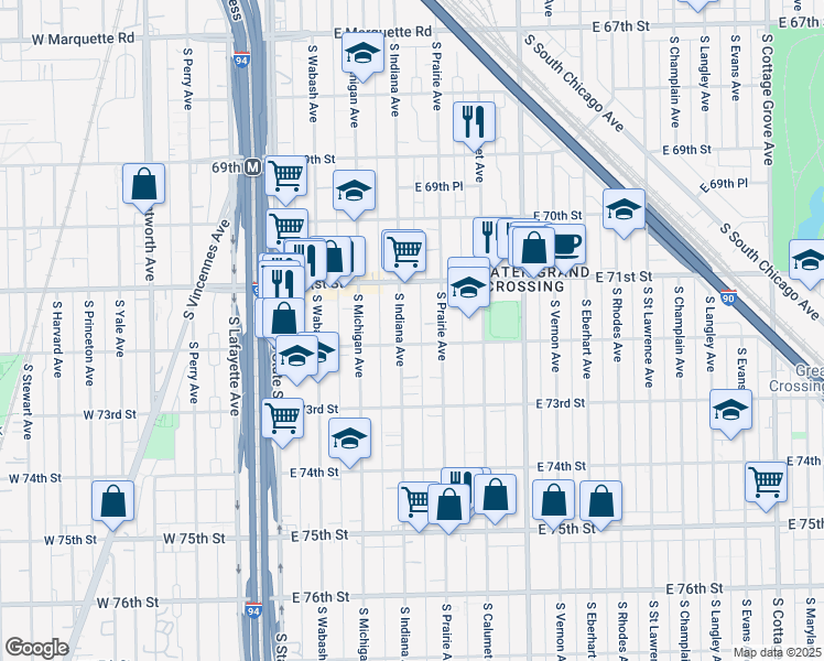 map of restaurants, bars, coffee shops, grocery stores, and more near 7141 South Indiana Avenue in Chicago