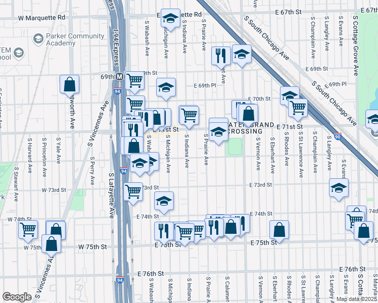 map of restaurants, bars, coffee shops, grocery stores, and more near 7141 South Indiana Avenue in Chicago