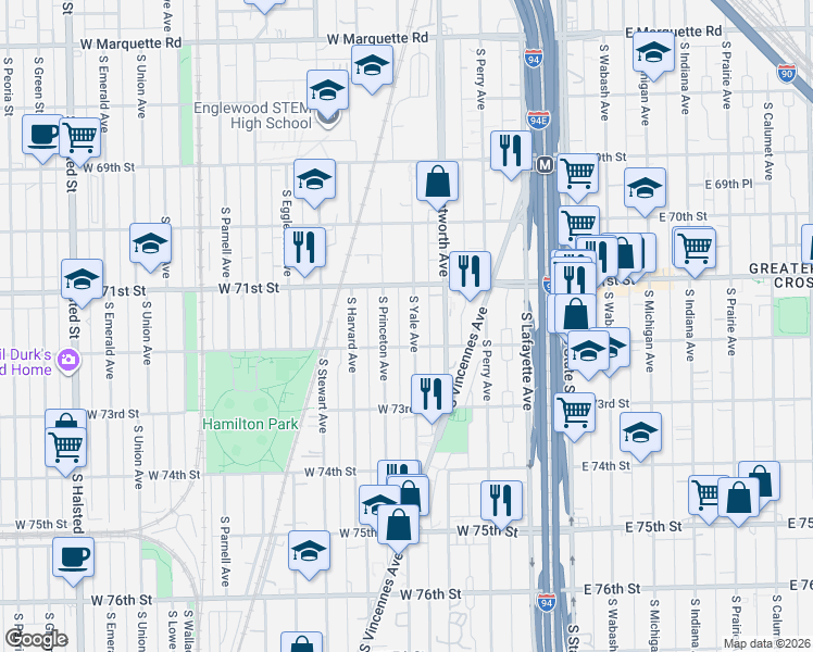 map of restaurants, bars, coffee shops, grocery stores, and more near 7128 South Yale Avenue in Chicago