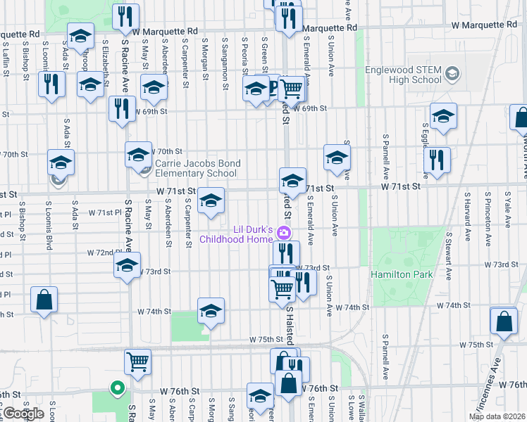 map of restaurants, bars, coffee shops, grocery stores, and more near 7119 South Peoria Street in Chicago