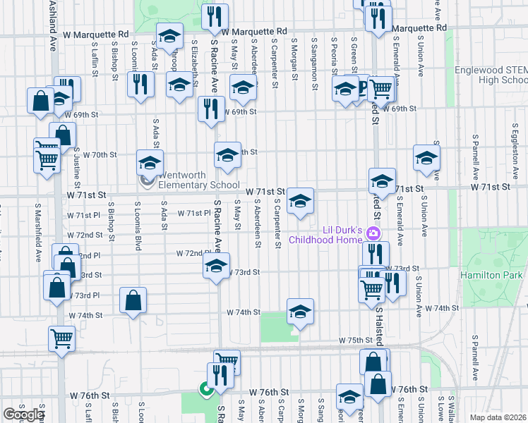 map of restaurants, bars, coffee shops, grocery stores, and more near 7118 South Carpenter Street in Chicago