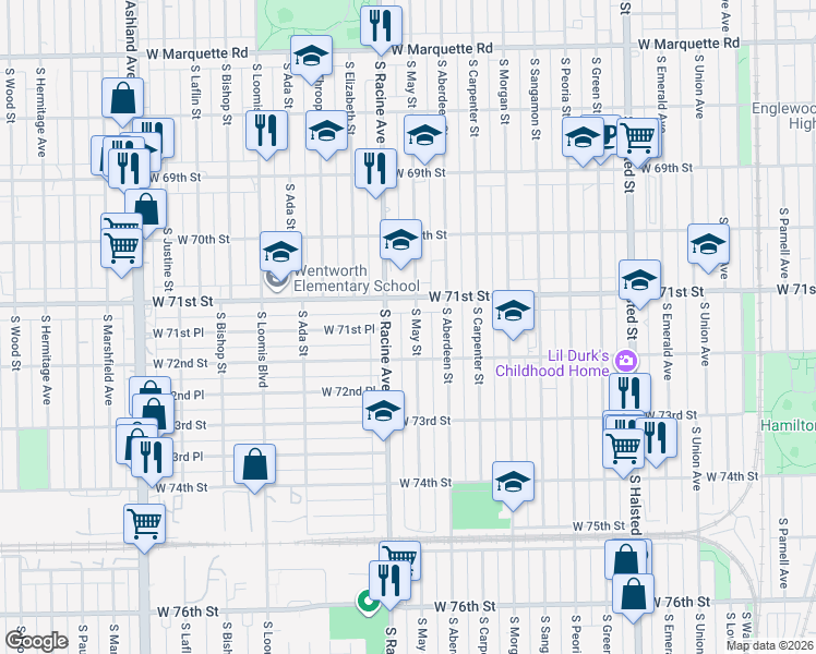 map of restaurants, bars, coffee shops, grocery stores, and more near 7115 South May Street in Chicago