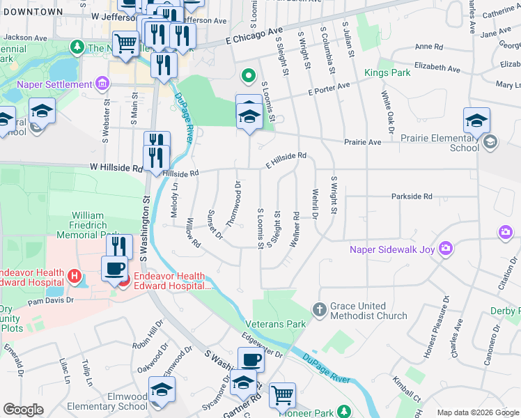 map of restaurants, bars, coffee shops, grocery stores, and more near 646 South Loomis Street in Naperville