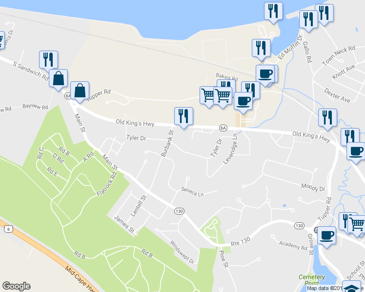 map of restaurants, bars, coffee shops, grocery stores, and more near 27 Tyler Drive in Sandwich