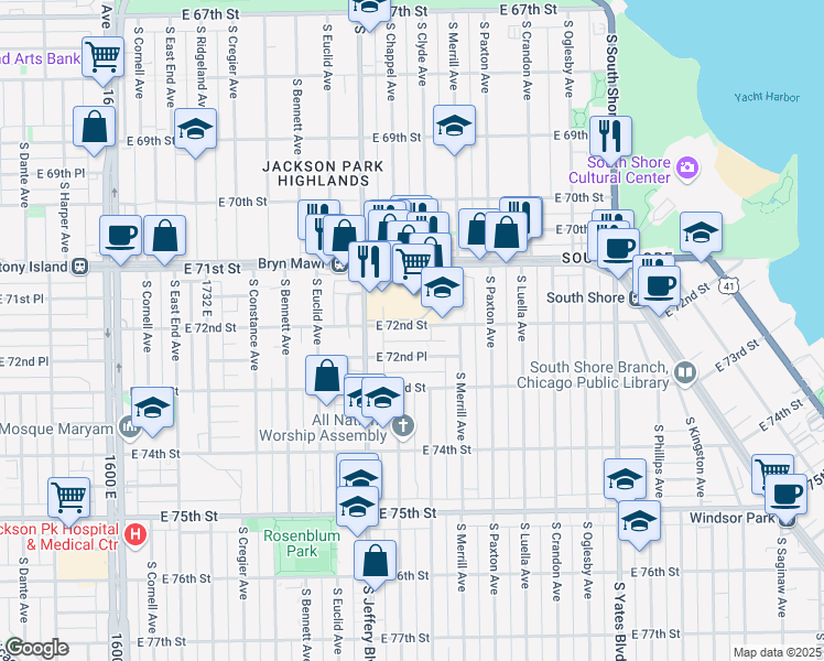 map of restaurants, bars, coffee shops, grocery stores, and more near 2041 East 72nd Street in Chicago