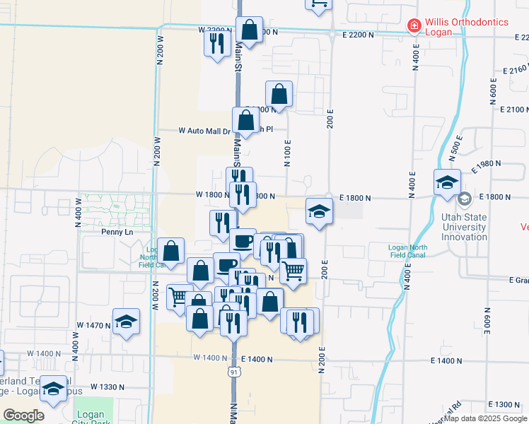 map of restaurants, bars, coffee shops, grocery stores, and more near 1750 North Main Street in Logan