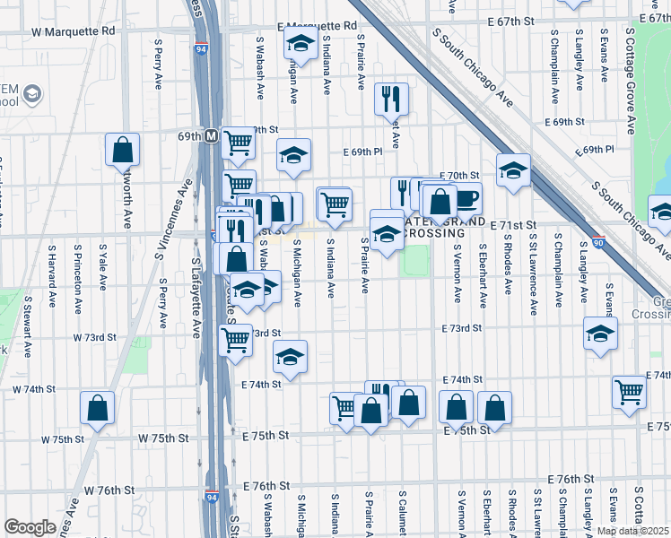 map of restaurants, bars, coffee shops, grocery stores, and more near 7141 South Indiana Avenue in Chicago