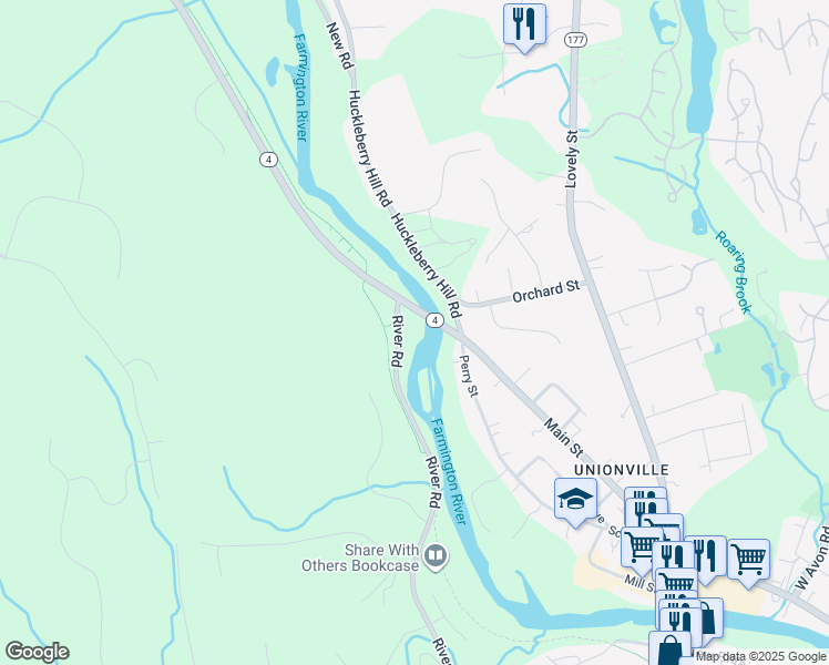 map of restaurants, bars, coffee shops, grocery stores, and more near 218 River Road in Farmington